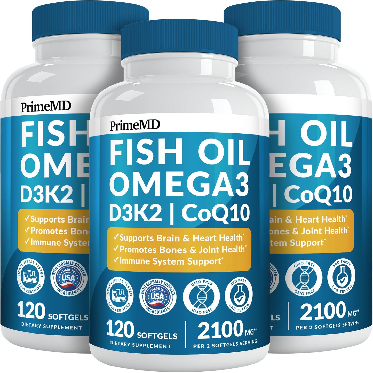 PrimeMD 5-in-1 Fish Oil Omega-3 2100mg with D3, K2 and CoQ10 – Lemon (120 softgels, Pack of 3)
