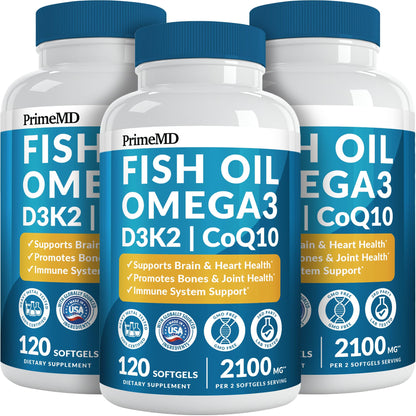 PrimeMD 5-in-1 Fish Oil Omega-3 2100mg with D3, K2 and CoQ10 – Lemon (120 softgels, Pack of 3)