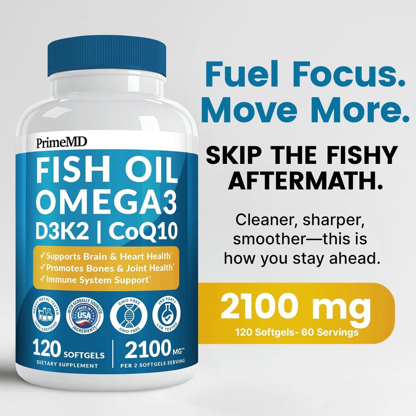PrimeMD 5-in-1 Fish Oil Omega-3 2100mg with D3, K2 and CoQ10 – Lemon (120 softgels, Pack of 3)