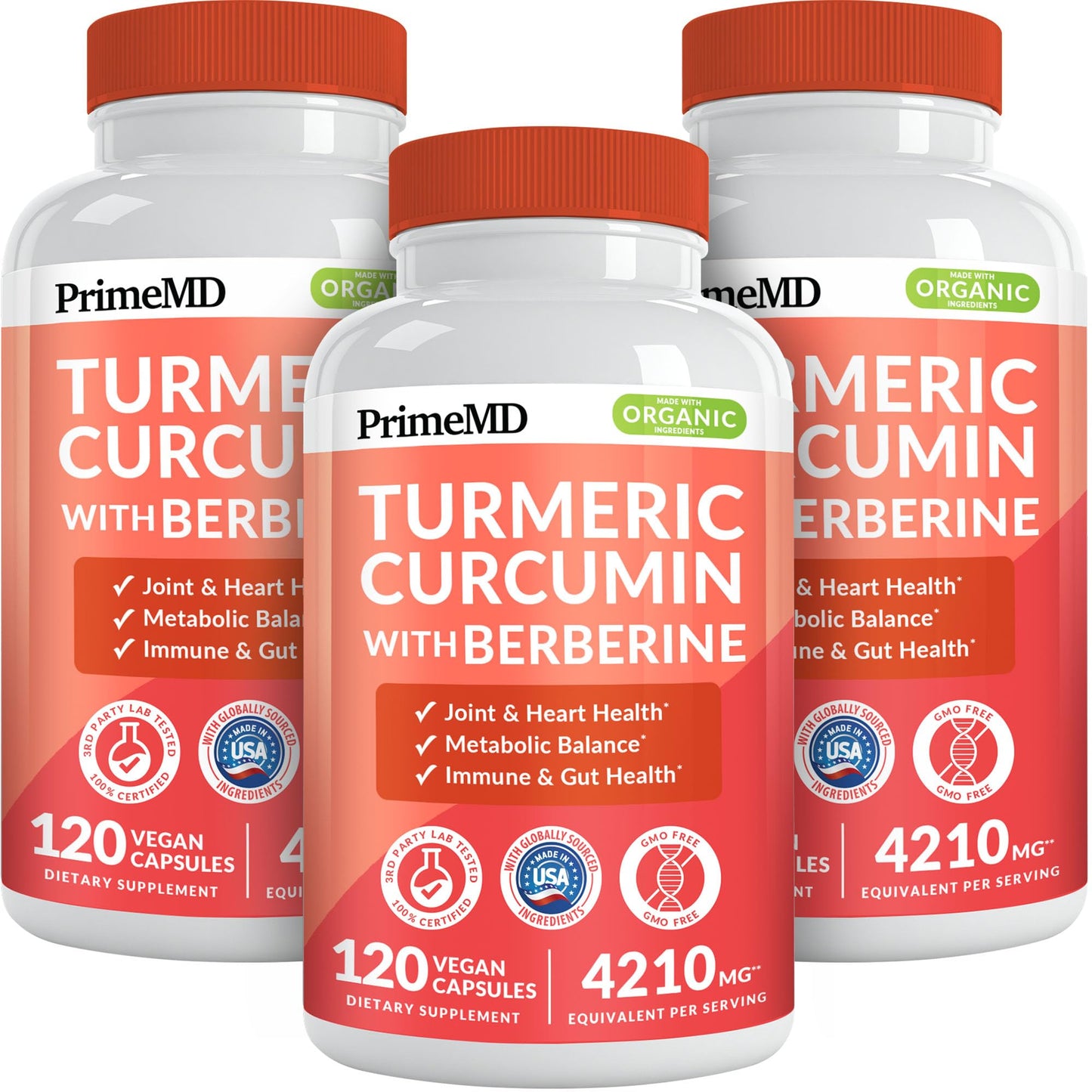 PrimeMD 5-in-1 Organic Turmeric Curcumin with Berberine & Bioperine – 120 ct (Pack of 3)