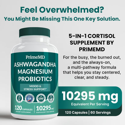 PrimeMD 5-in-1 Cortisol Supplement – Calm, Focus & Adrenal Support (120 ct, Pack of 4)
