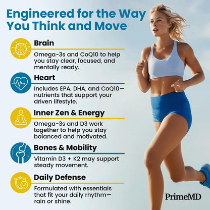 PrimeMD 5-in-1 Fish Oil Omega-3 2100mg with D3, K2 and CoQ10 – Lemon (120 softgels, Pack of 3)
