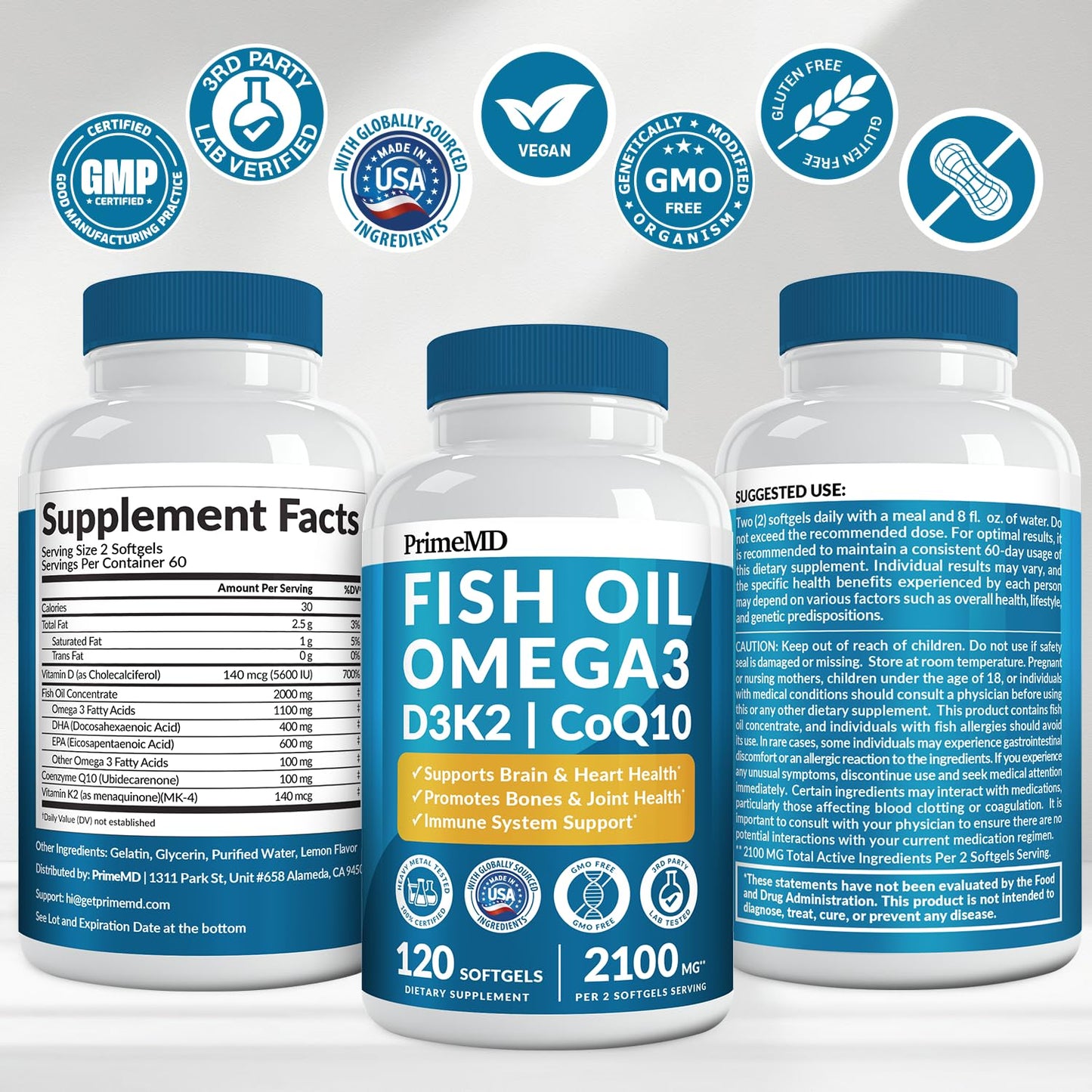 PrimeMD 5-in-1 Fish Oil Omega-3 2100mg with D3, K2 and CoQ10 – Lemon (120 softgels, Pack of 3)