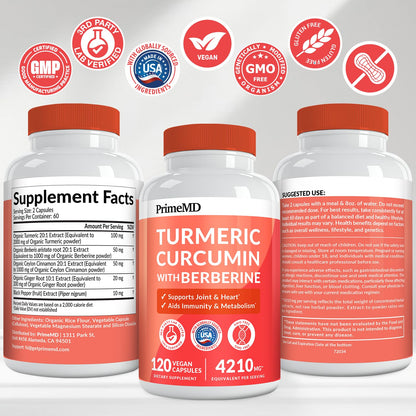 PrimeMD 5-in-1 Organic Turmeric Curcumin with Berberine & Bioperine – 120 ct (Pack of 3)