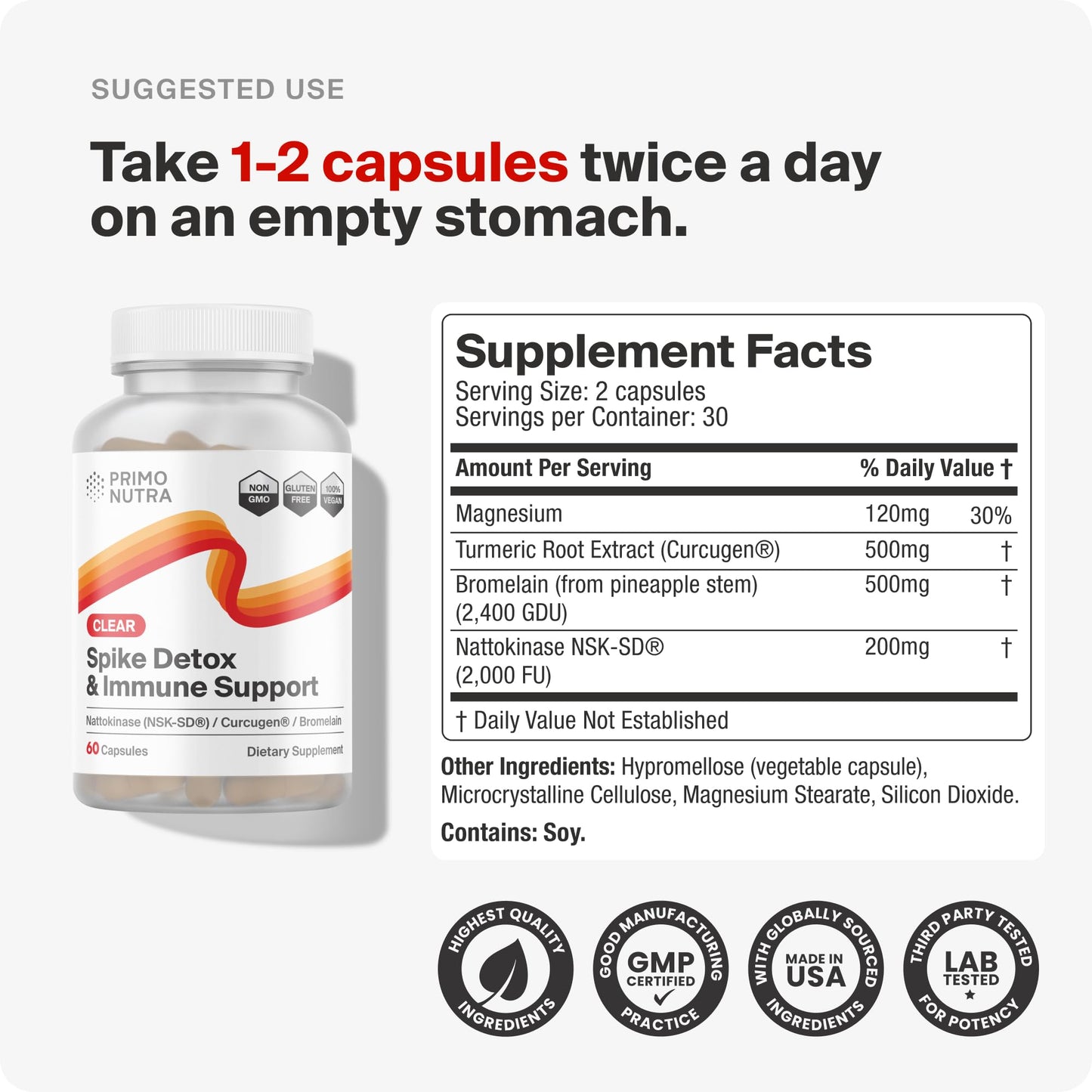 PRIMONUTRA Spike Detox with NSK-SD Nattokinase, Bromelain, Curcugen & Molecular Hydrogen