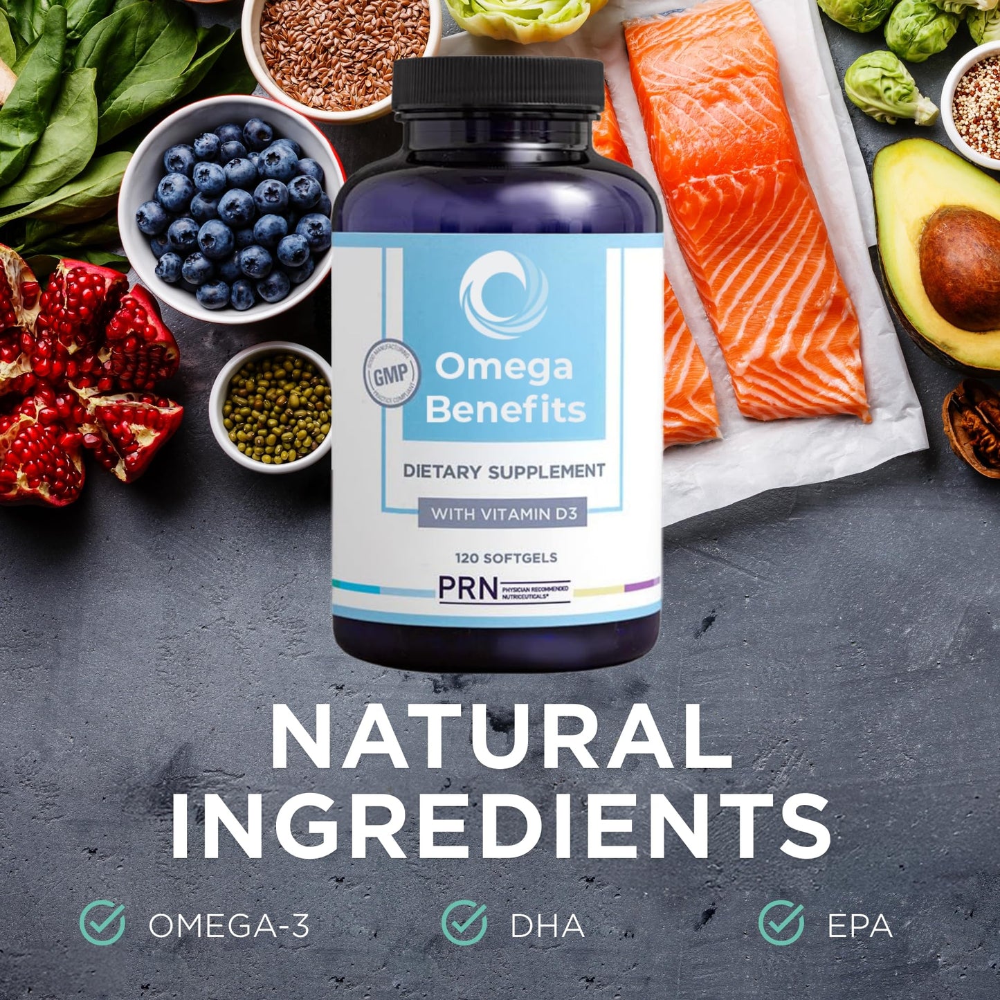 PRN DE Omega-3 Supplement - 120 Softgels, 30-Day Supply | rTG EPA 1680mg / DHA 560mg + Vitamin D