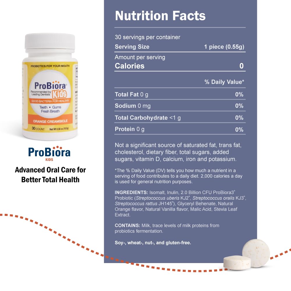 ProBiora Kids Oral-Care Chewable Probiotic Tablets – 30 Count (Orange) | Probiotic Supplement for Kids