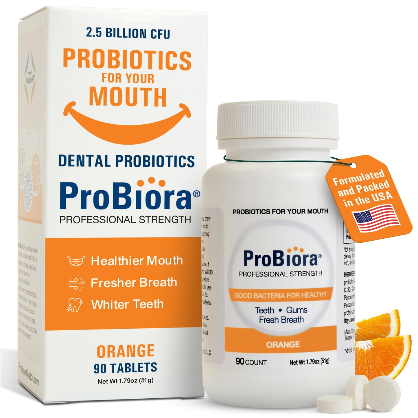 ProBiora Professional Strength Oral Probiotics for Teeth & Gums | Bad Breath & Whitening | 90 Orange Tablets