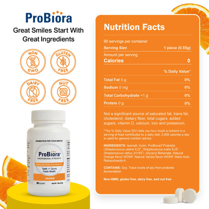 ProBiora Professional Strength Oral Probiotics for Teeth & Gums | Bad Breath & Whitening | 90 Orange Tablets