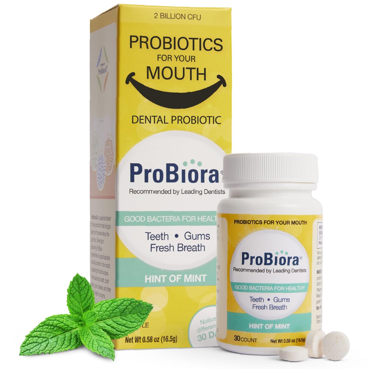 ProBiora Probiotics for Teeth & Gums – Patented ProBiora3, Whitening, Bad Breath Treatment, 30 Mint Tablets