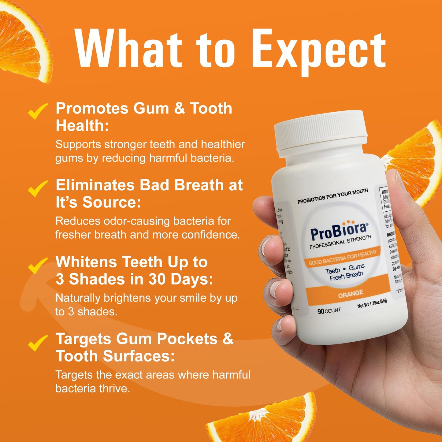 ProBiora Professional Strength Oral Probiotics for Teeth & Gums | Bad Breath & Whitening | 90 Orange Tablets