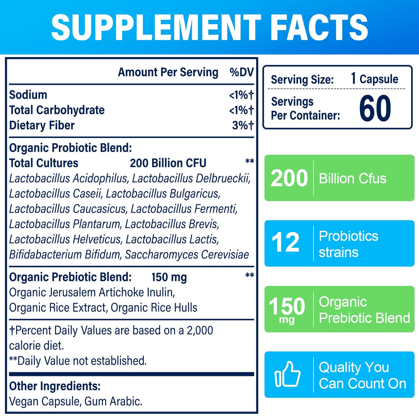 200 Billion CFU Probiotic – 12 Strains + 3 Organic Prebiotics, 240 Caps (240-Day), Non-GMO