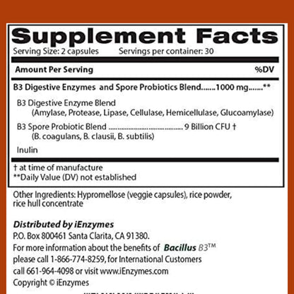 New Bacillus B3 Probiotic Complex & Enzymes – 60 Capsules (100% Spore-Based SBO)