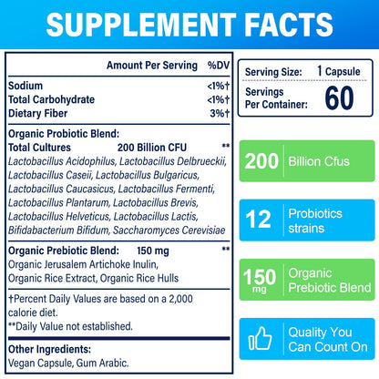 200 Billion CFUs Probiotic: 12 Strains + 3 Organic Prebiotics | Women & Men, 60 Caps, Shelf-Stable, Non-GMO