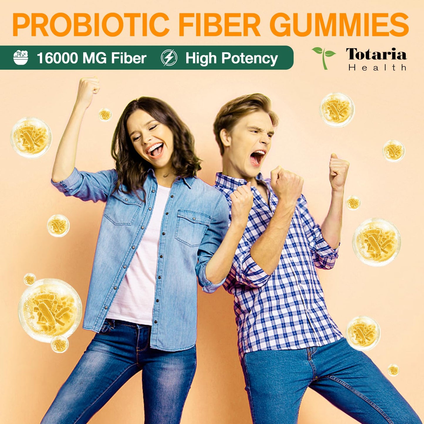 Totaria Probiotic Fiber Gummies – Pineapple Flavor, 60 Gummies per Bottle, 2 Bottles