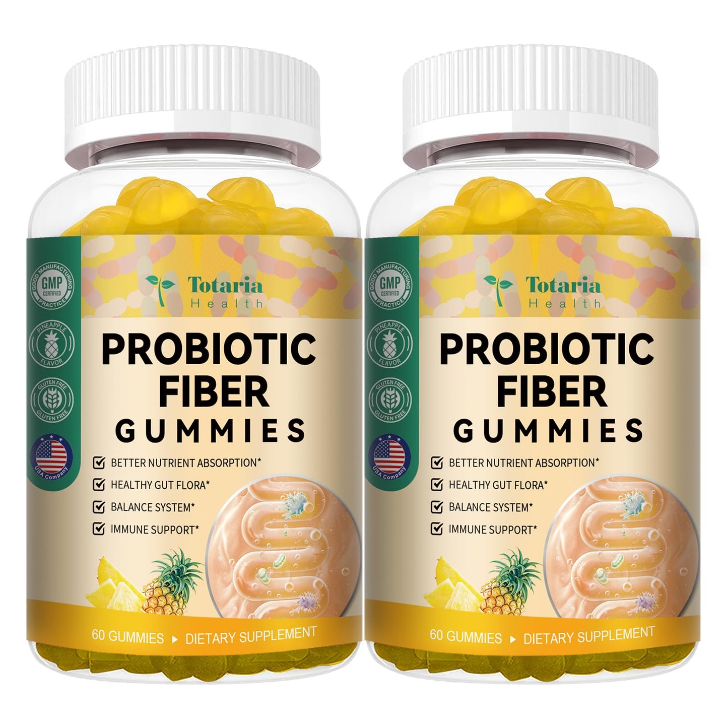 Totaria Probiotic Fiber Gummies – Pineapple Flavor, 60 Gummies per Bottle, 2 Bottles