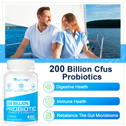 200 Billion CFU Probiotic – 12 Strains + 3 Organic Prebiotics, 240 Caps (240-Day), Non-GMO