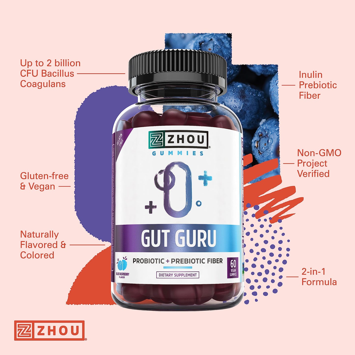 Zhou Gut Guru Gummies - Probiotic & Prebiotic for Digestive Health (60 Vegan Gummies)