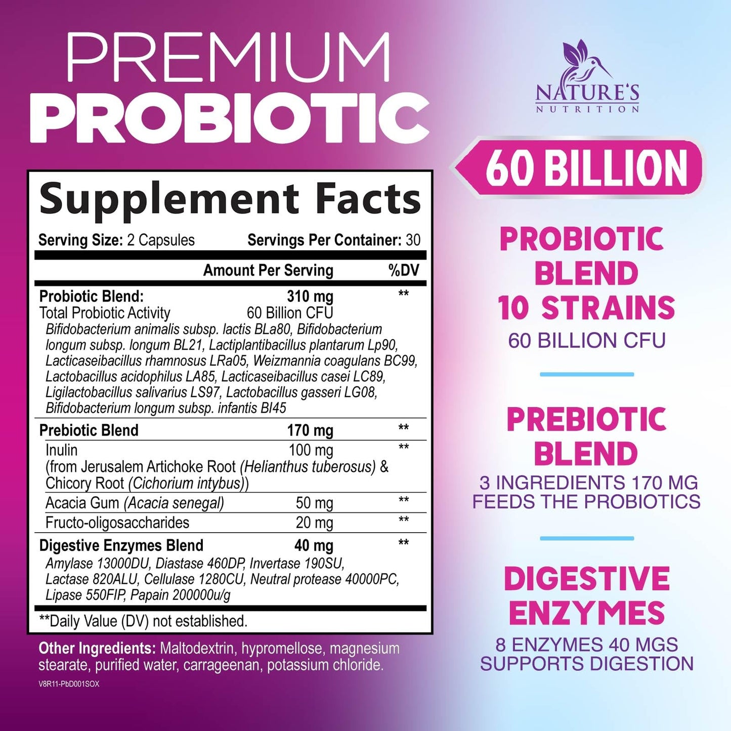 Probiotics 60 Billion CFU | 10 Strains + Prebiotics | Digestive, Gut & Immune Support | 60 Capsules
