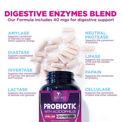 Probiotics 60 Billion CFU | 10 Strains + Prebiotics | Digestive, Gut & Immune Support | 60 Capsules