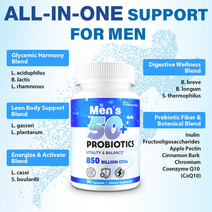 QIVERNAMY Probiotics for Men 50+ — 850B CFU, CoQ10, 360 Caps, 1800mg Prebiotic Fiber
