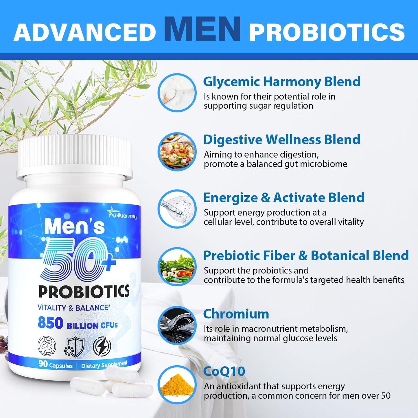 QIVERNAMY Probiotics for Men 50+ — 850B CFU, CoQ10, 360 Caps, 1800mg Prebiotic Fiber