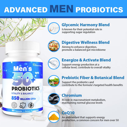 QIVERNAMY Probiotics for Men 50+ — 850B CFU, CoQ10, 360 Caps, 1800mg Prebiotic Fiber