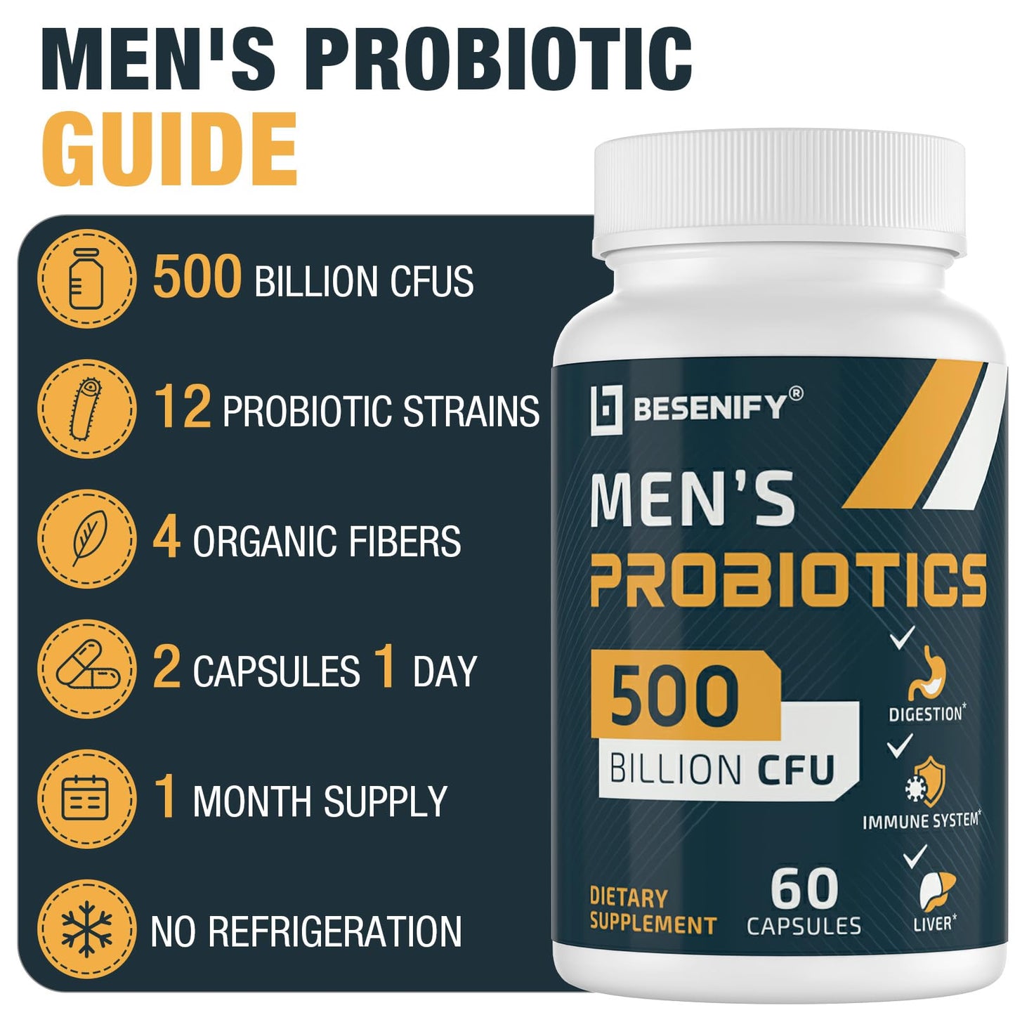 Besenify Probiotics for Men – 500B CFUs, 12 Strains, Turmeric & Cranberry, 240 Capsules