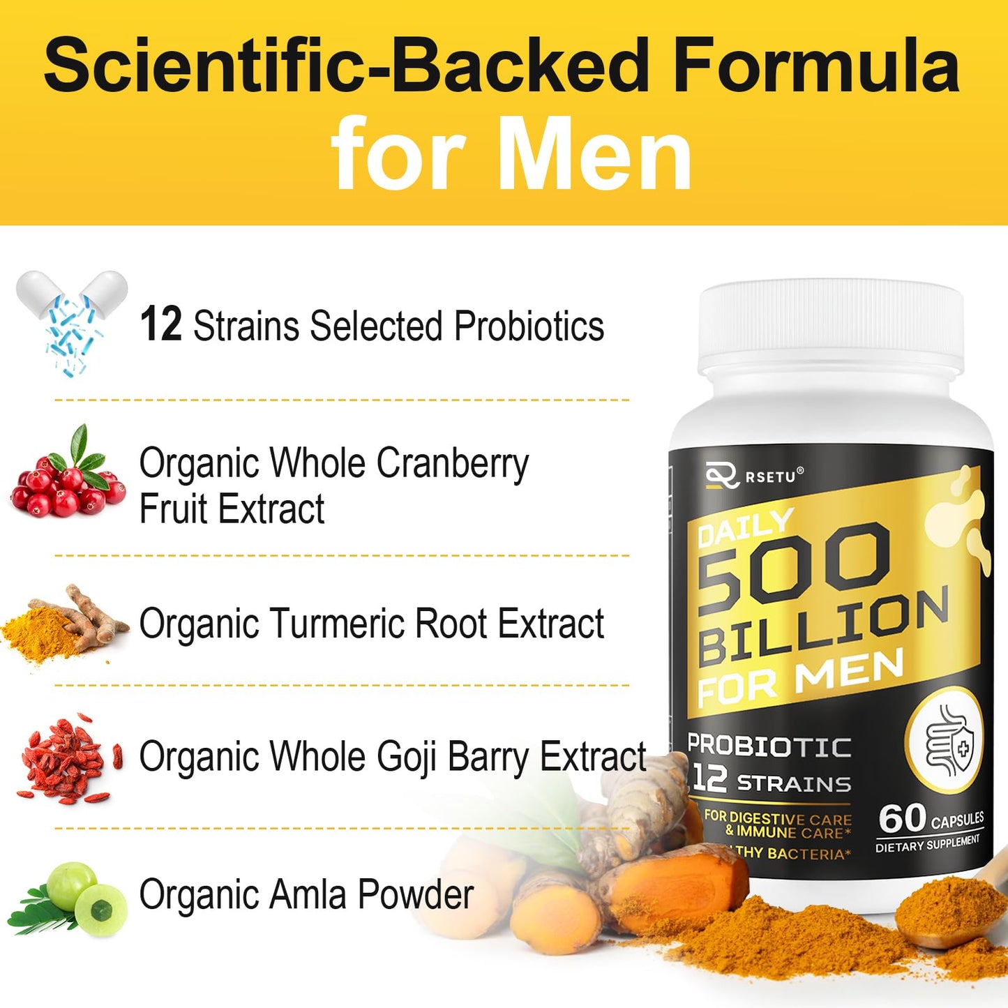 RSETU Probiotics for Men – 500B CFUs, 12 Strains, Turmeric Cranberry Goji