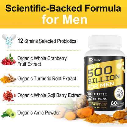 RSETU Probiotics for Men – 500B CFUs, 12 Strains, Turmeric Cranberry Goji