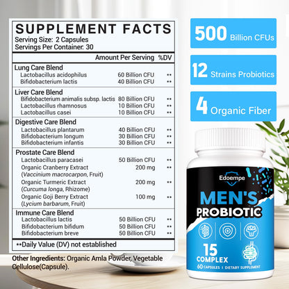 Probiotics for Men - 500B CFU, 12 Strains, Gut & Digestive Health, Energy, Prostate & Urinary Support | 60 Caps