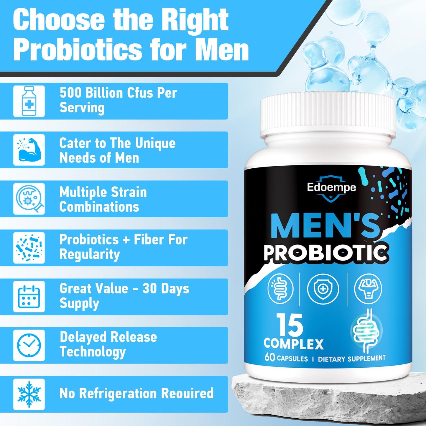 Probiotics for Men - 500B CFU, 12 Strains, Gut & Digestive Health, Energy, Prostate & Urinary Support | 60 Caps