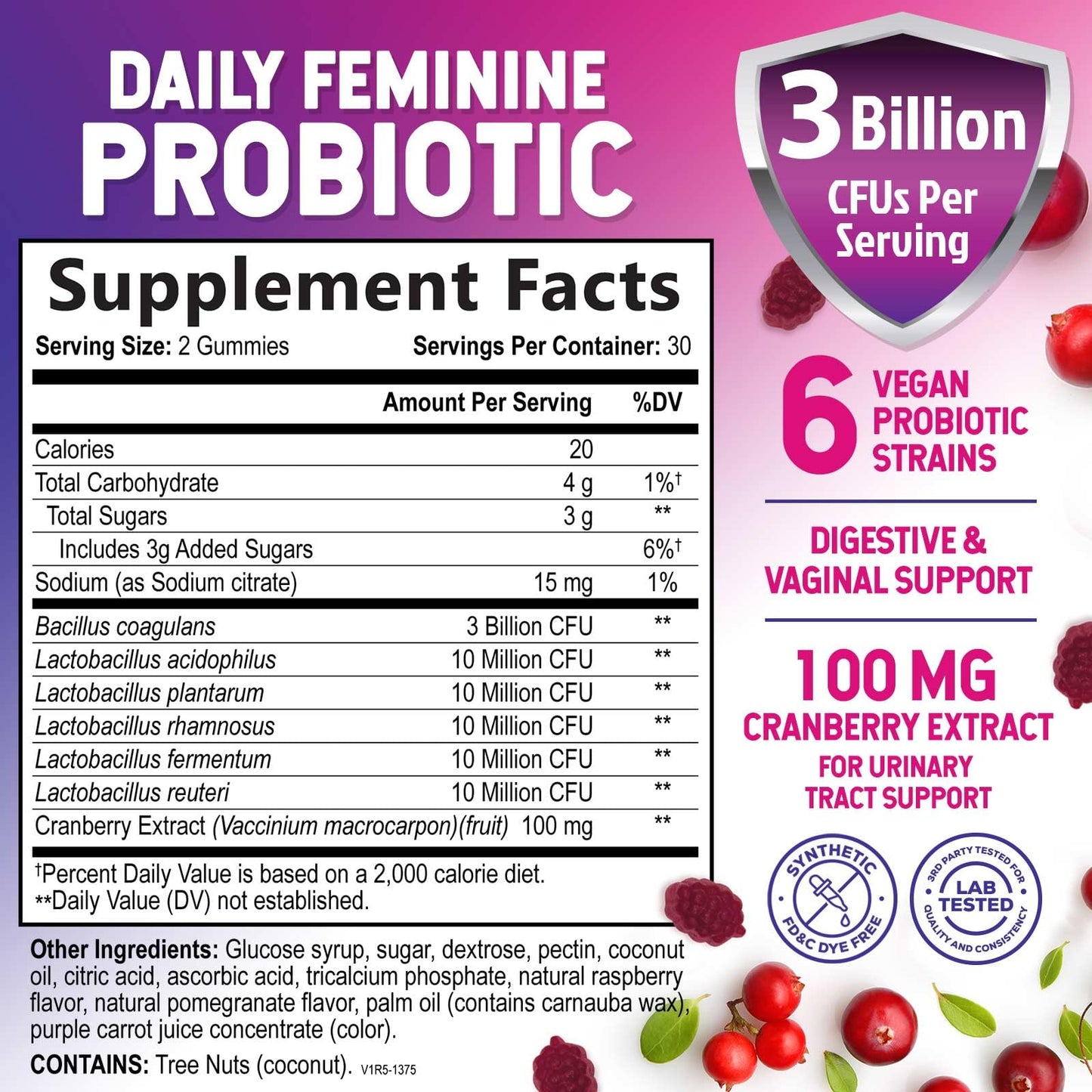 Probiotics for Women Gummies with Cranberry — 3 Billion CFU, 6 Strains, Digestive & Vaginal Health (60 Gummies)