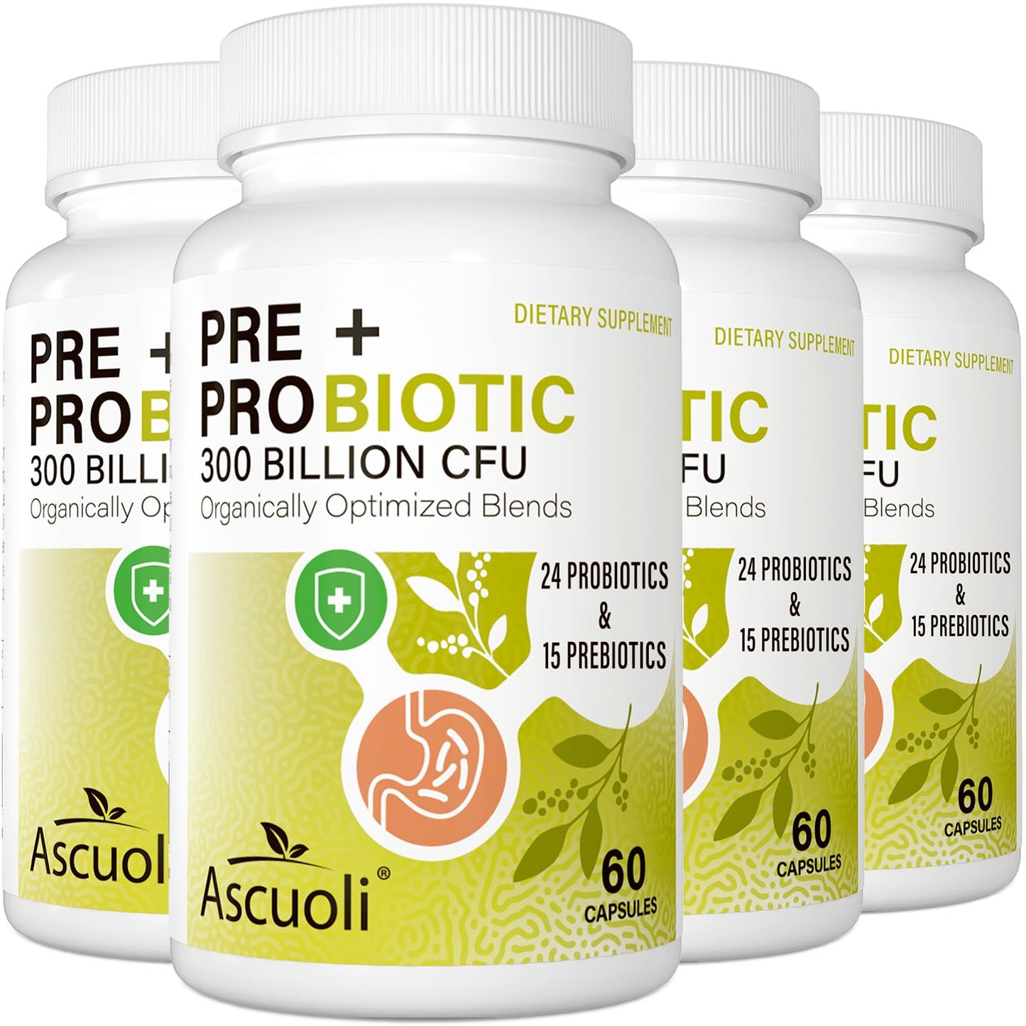 Ascuoli Probiotics for Women & Men – 300B CFU, 24 Strains + 15 Organic Herbs Prebiotic Blend | 240 Veg Capsules