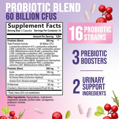 Probiotics for Women's Digestive Health - 60B CFU, 16 Strains | Cranberry & D-Mannose | 120 Capsules | Made in USA