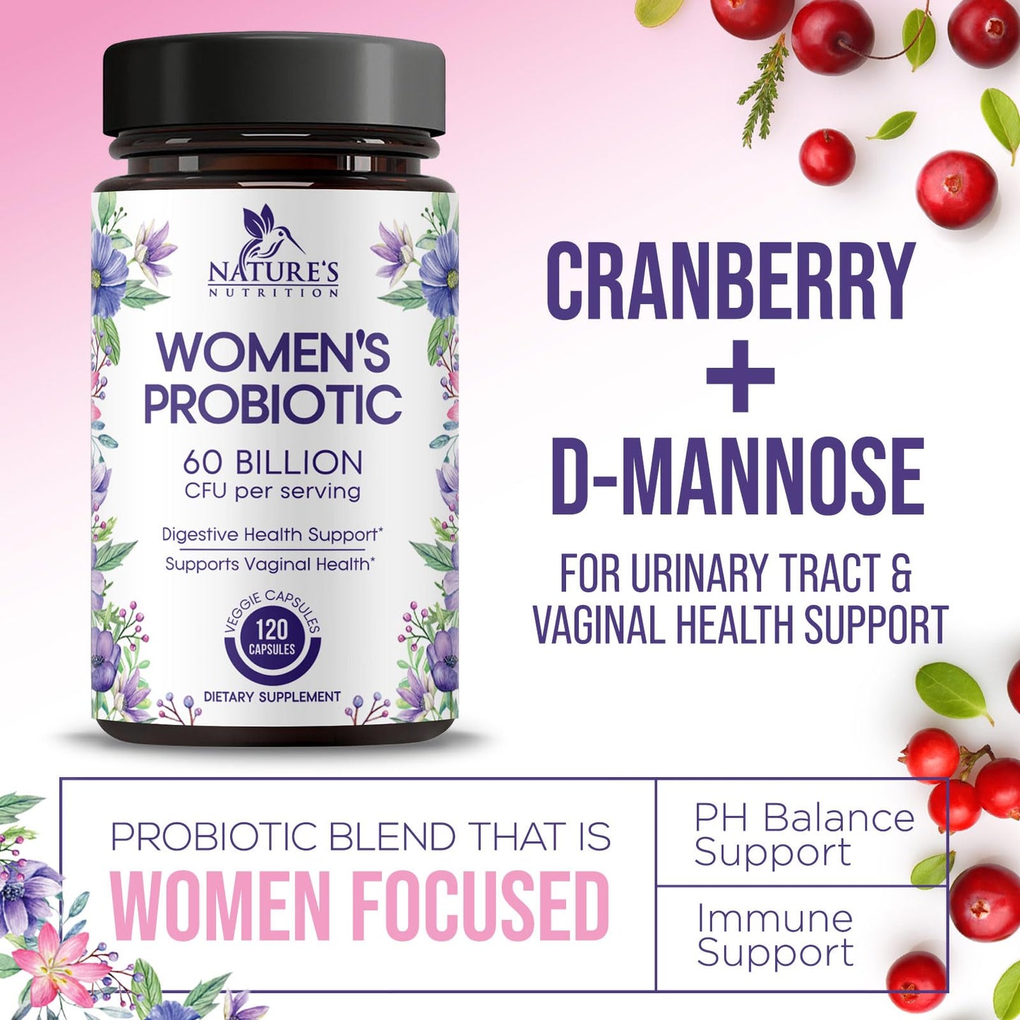 Probiotics for Women's Digestive Health - 60B CFU, 16 Strains | Cranberry & D-Mannose | 120 Capsules | Made in USA