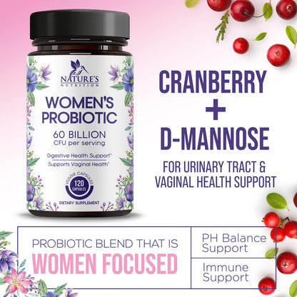 Probiotics for Women's Digestive Health - 60B CFU, 16 Strains | Cranberry & D-Mannose | 120 Capsules | Made in USA