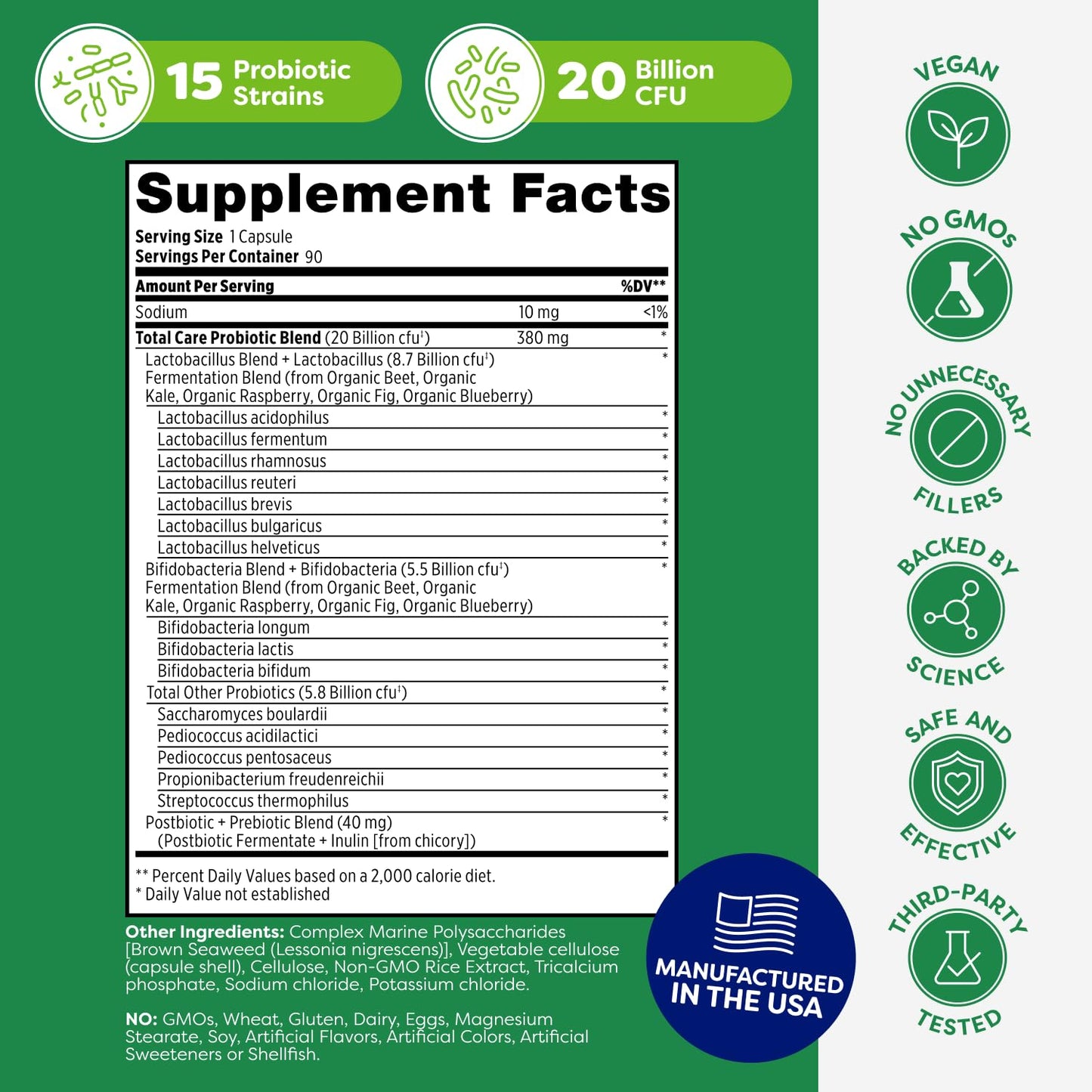 Probulin Total Care Probiotic | 20 Billion CFU, Gut, Digestive & Immune Support, 90-Count Vegan Capsules