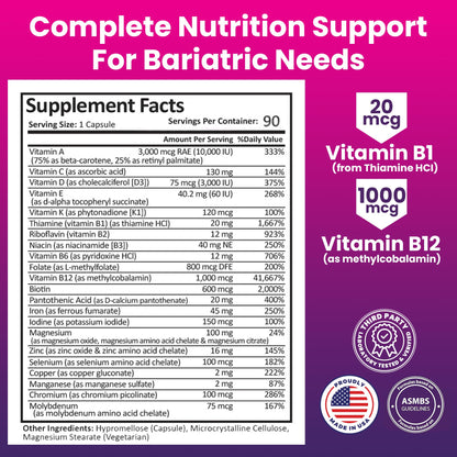 ProCare Health Bariatric Multivitamin 45mg Iron – Once Daily Capsule for Post-Op Support | 90 Capsules, 3-Month Supply