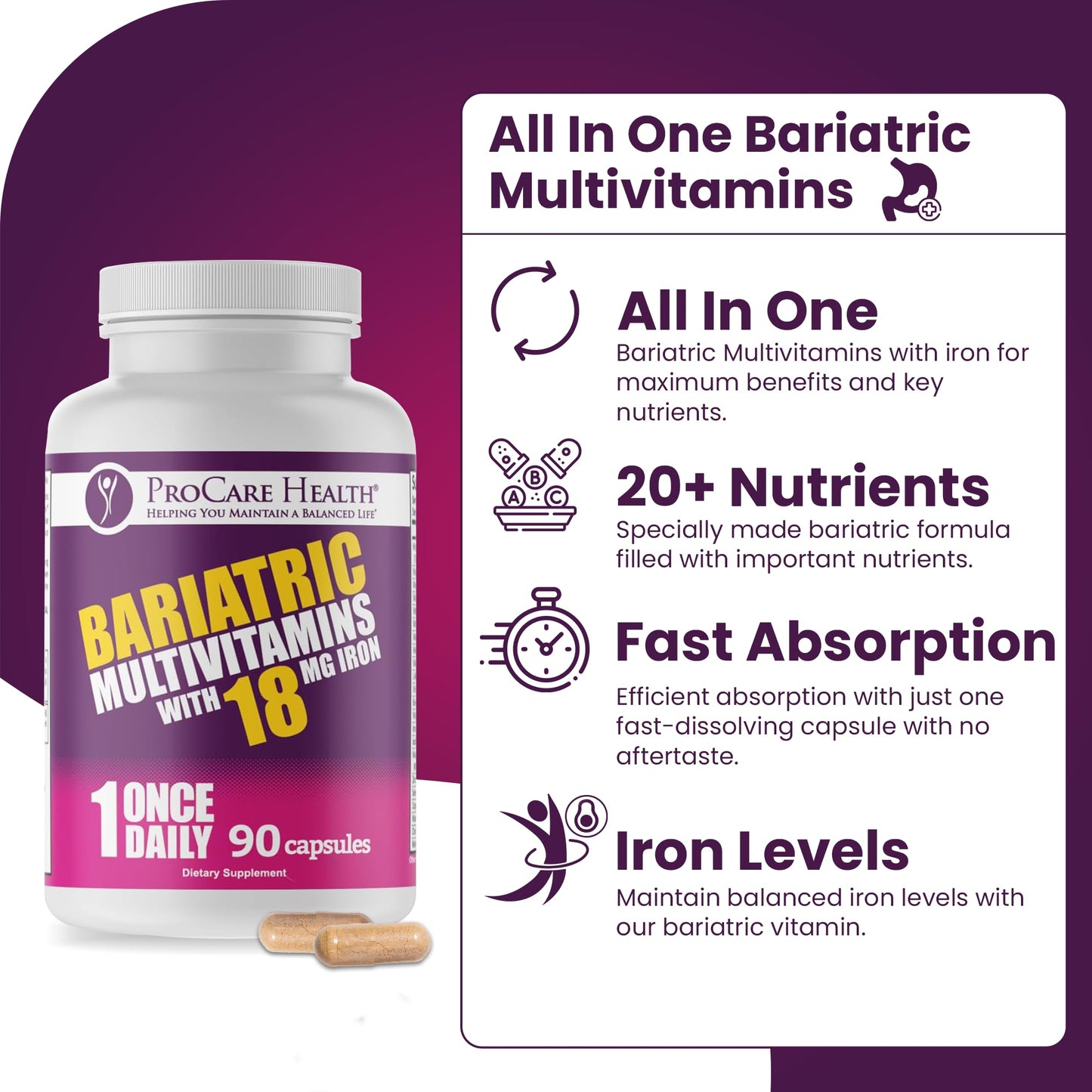ProCare Health Bariatric Multivitamin with Iron – 3 Month Supply (90 Capsules) | Post-Op Vitamins