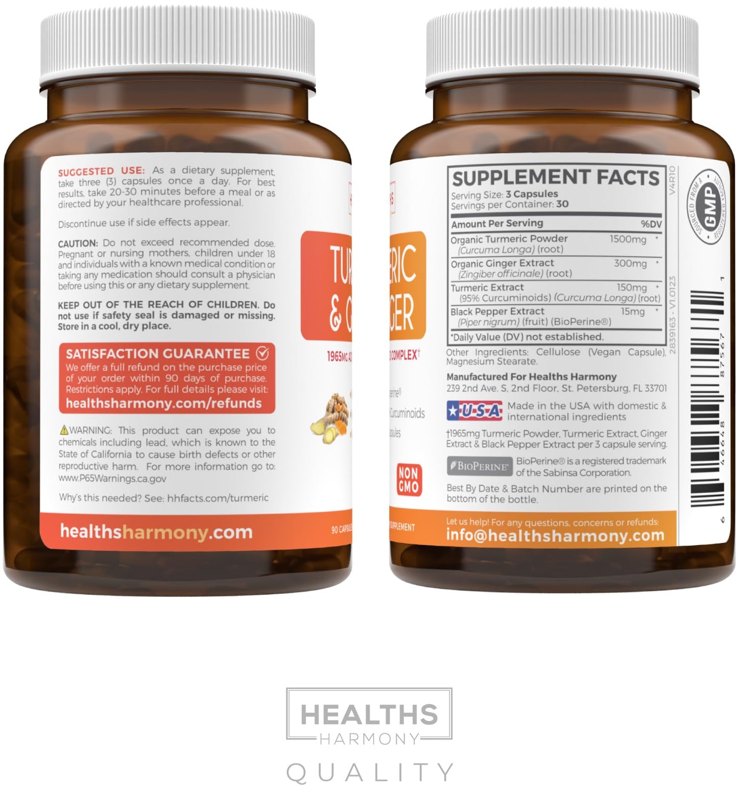 Turmeric and Ginger Supplement (Non-GMO) 1980mg Serving – Curcumin 95% with Black Pepper Bioperine, Ginger Extract, 90 Capsules