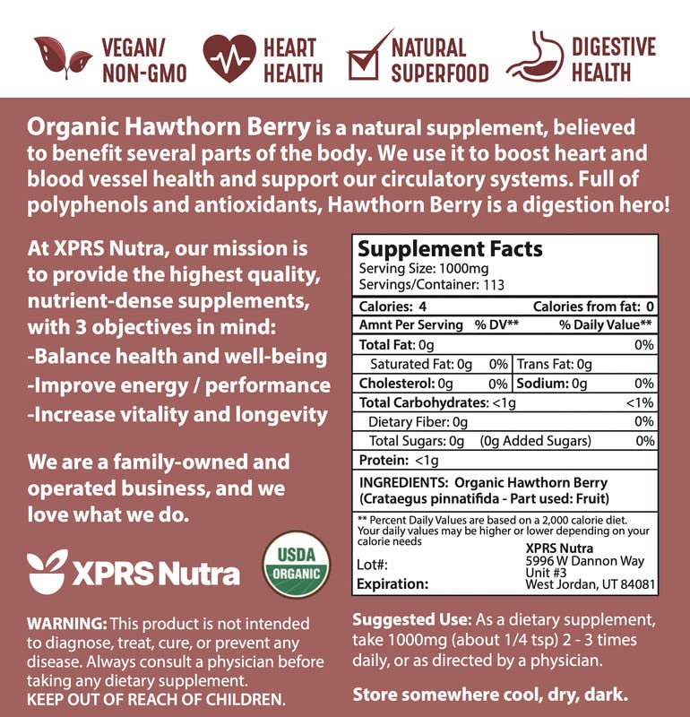 XPRS Nutra Organic Hawthorn Berry Powder - USDA Organic, Heart Health, Vegan, 4 oz