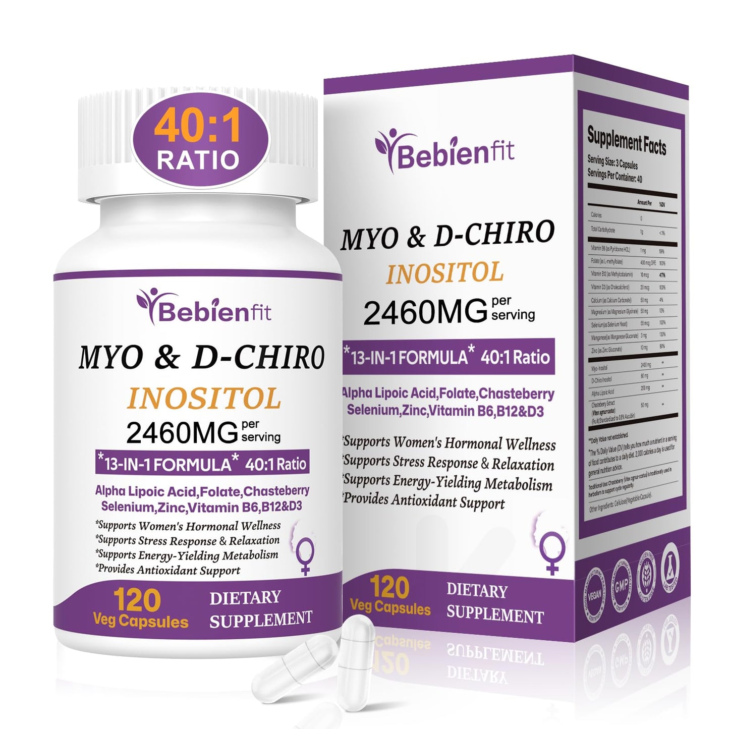 13-in-1 Myo-Inositol & D-Chiro Inositol for Women – PCOS, Hormonal Balance, 40:1 Ratio, 120 Veg Caps