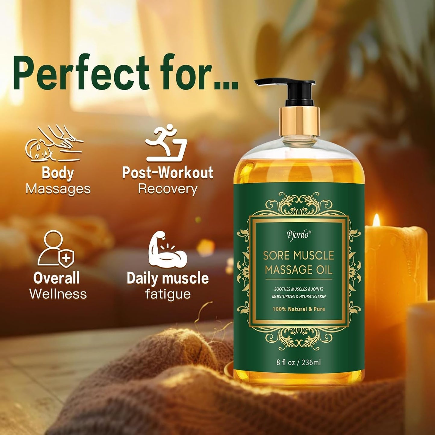 Pjordo Sore Muscle Massage Oil – 8 oz, Lavender, Arnica & Chamomile