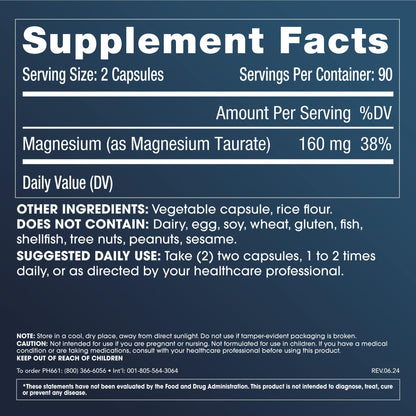 ProHealth Pure Magnesium Taurate 160mg | Supports Heart, Brain & Muscle Health | 180 Capsules (3 Pack) | Third-Party Tested