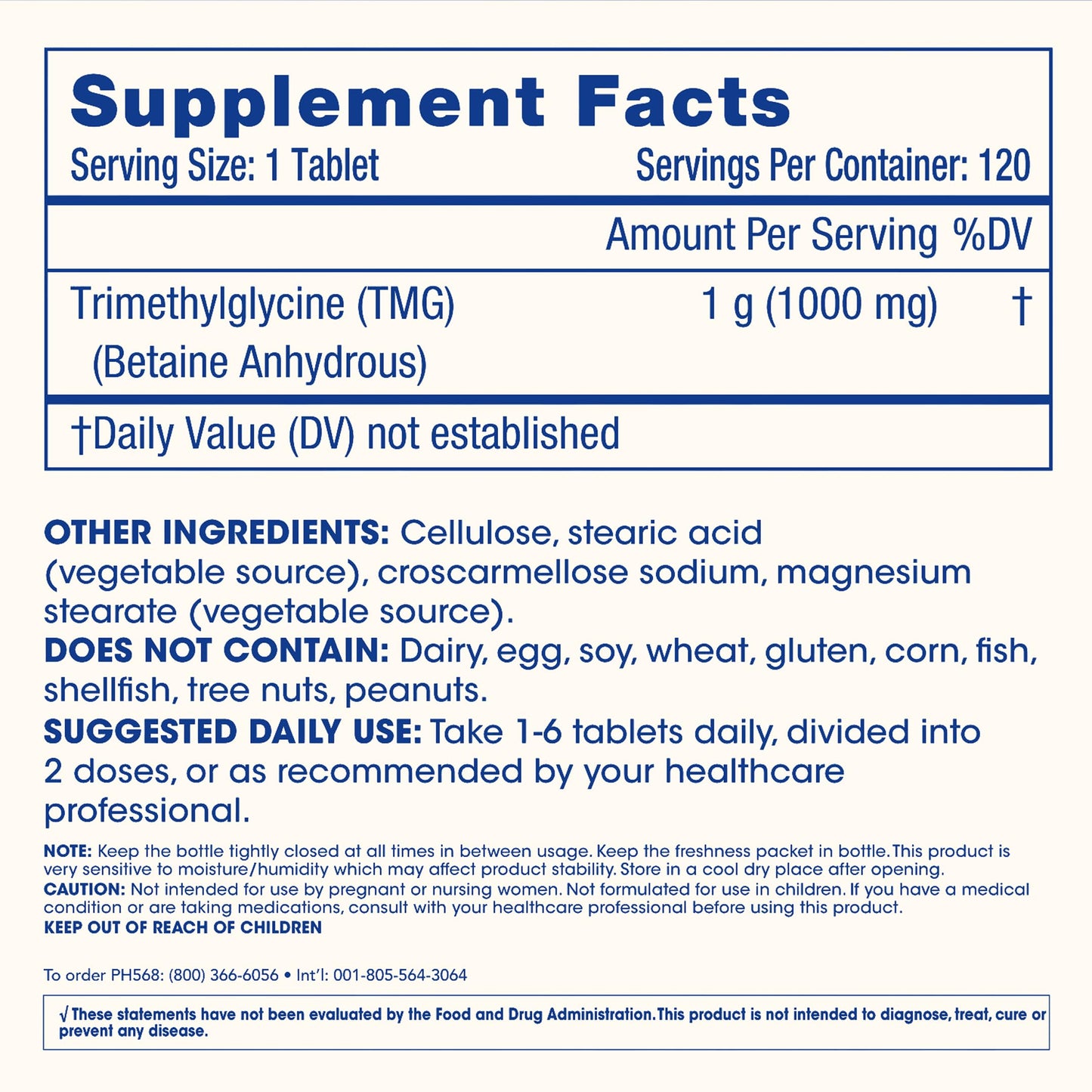 ProHealth Longevity TMG Supplements — 1,000 mg Betaine Anhydrous, 120 Tablets (3 Pack)