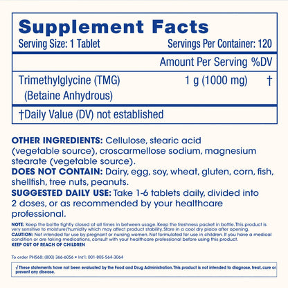 ProHealth Longevity TMG Supplements — 1,000 mg Betaine Anhydrous, 120 Tablets (3 Pack)