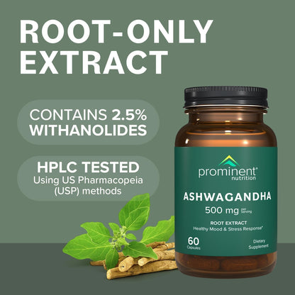 Prominent Nutrition Ashwagandha Supplement – Shagandha Root Extract, 2.5% Withanolides, 500 mg, 60 Vegan Capsules (1 Pack)