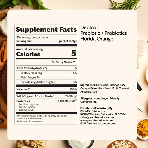 ProMix Nutrition Debloat Prebiotics & Probiotics with Baobab – Vitamin C Rich, Bloating Relief, Immune Support – Orange – 30 Servings (Pack of 30)