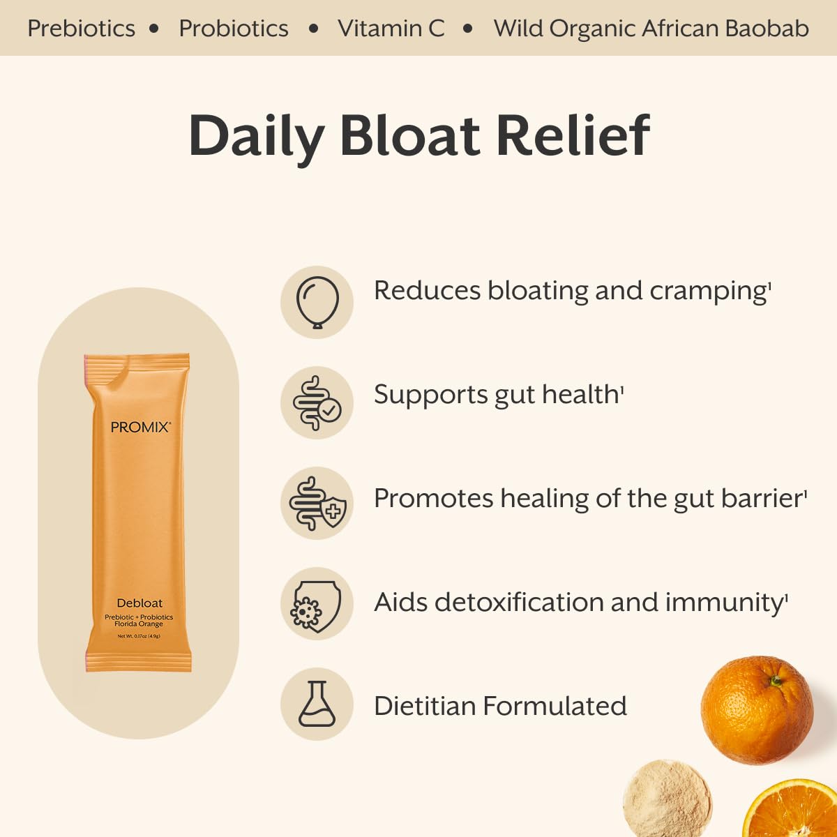 ProMix Nutrition Debloat Prebiotics & Probiotics with Baobab – Vitamin C Rich, Bloating Relief, Immune Support – Orange – 30 Servings (Pack of 30)